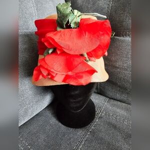1950s red floral fascinator derby hat. Elegant Red Floral Women's Hat